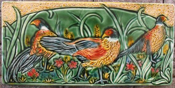 Three Pheasants Large Art Tile. Copyright Verdant Tile