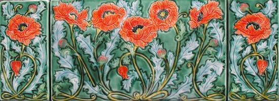 Garden of poppies Tile Triptych. Design by Verdant Tile. Copyright protected.