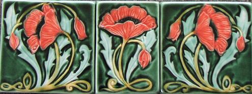 Poppy triptych Horizontal tiles. Original Design by Mary Philpott Verdant Tile. Copyright protected.
