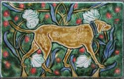 Hound in the Garden of Morris Pimpernel tile. Copyright Verdant tile