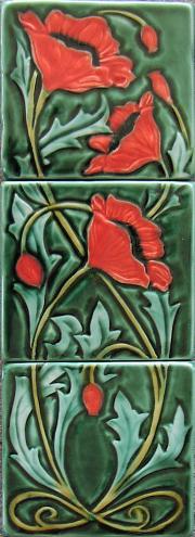 Poppy vertical Triptych tiles. Original Design by Mary Philpott Verdant Tile. copyright protected.